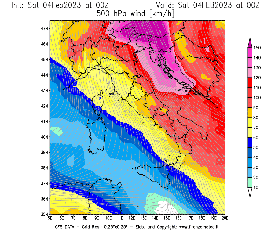 Mappa di analisi GFS - Velocità del vento a 500 hPa [km/h] in Italia
							del 04/02/2023 00 <!--googleoff: index-->UTC<!--googleon: index-->