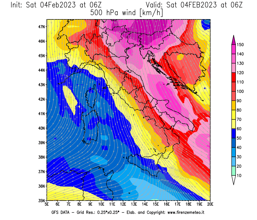 Mappa di analisi GFS - Velocità del vento a 500 hPa [km/h] in Italia
							del 04/02/2023 06 <!--googleoff: index-->UTC<!--googleon: index-->