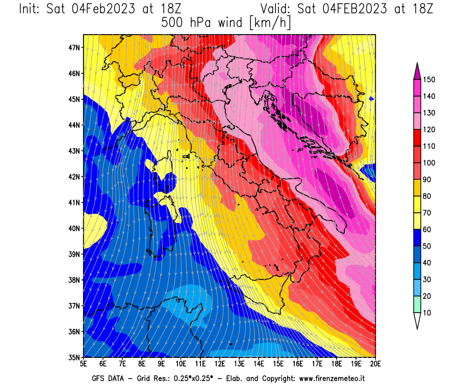 Mappa di analisi GFS - Velocità del vento a 500 hPa [km/h] in Italia
							del 04/02/2023 18 <!--googleoff: index-->UTC<!--googleon: index-->