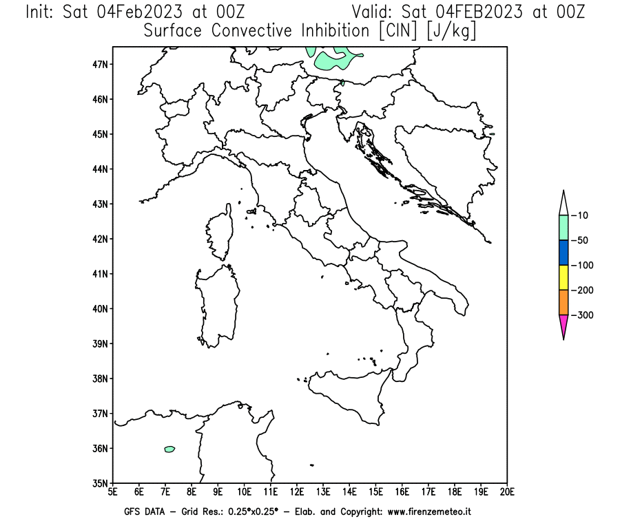 Mappa di analisi GFS - CIN [J/kg] in Italia
							del 04/02/2023 00 <!--googleoff: index-->UTC<!--googleon: index-->