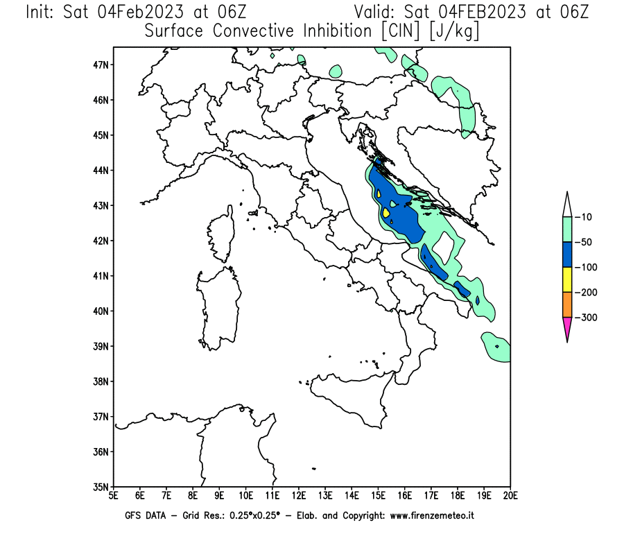 Mappa di analisi GFS - CIN [J/kg] in Italia
							del 04/02/2023 06 <!--googleoff: index-->UTC<!--googleon: index-->