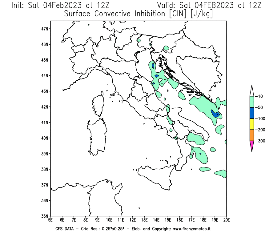 Mappa di analisi GFS - CIN [J/kg] in Italia
							del 04/02/2023 12 <!--googleoff: index-->UTC<!--googleon: index-->