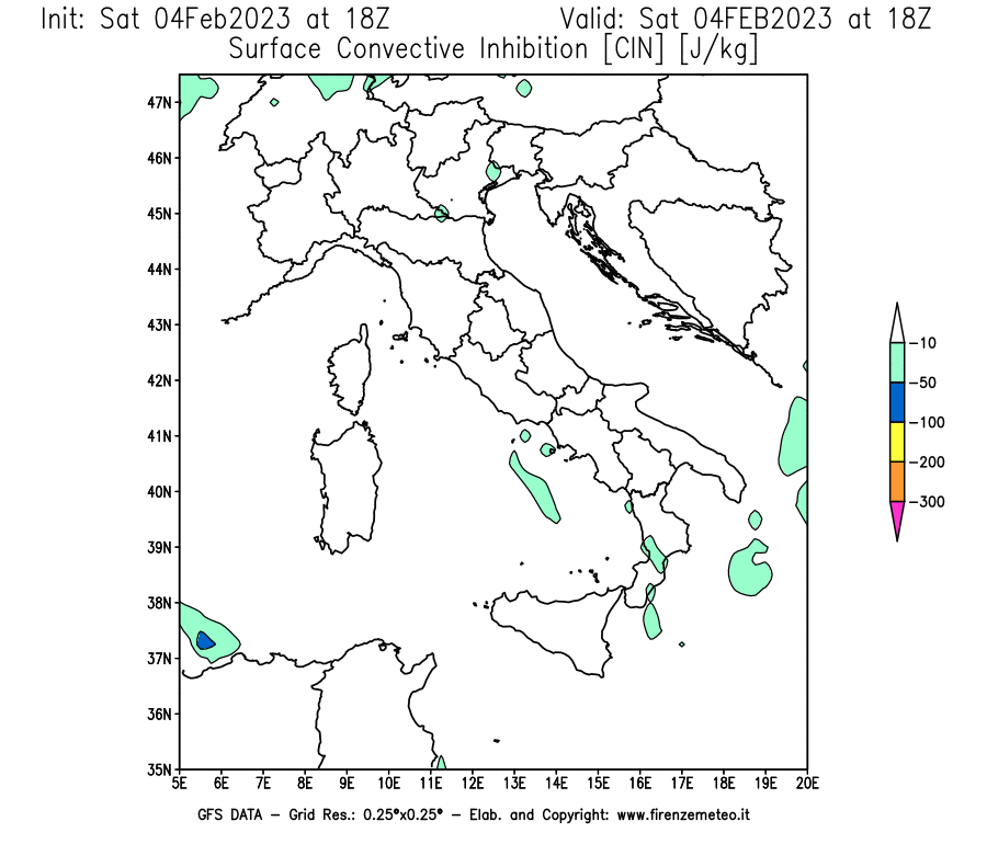 Mappa di analisi GFS - CIN [J/kg] in Italia
							del 04/02/2023 18 <!--googleoff: index-->UTC<!--googleon: index-->