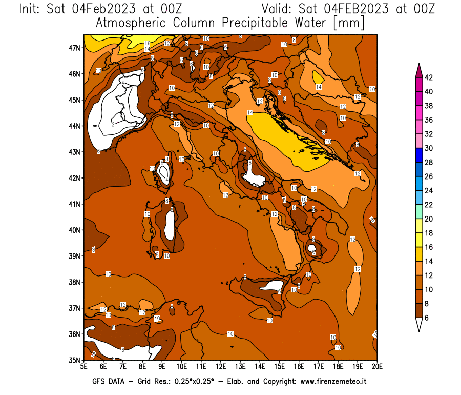 Mappa di analisi GFS - Precipitable Water [mm] in Italia
							del 04/02/2023 00 <!--googleoff: index-->UTC<!--googleon: index-->