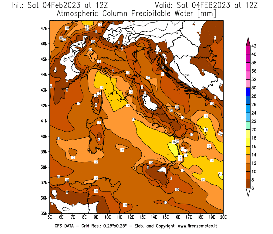 Mappa di analisi GFS - Precipitable Water [mm] in Italia
							del 04/02/2023 12 <!--googleoff: index-->UTC<!--googleon: index-->