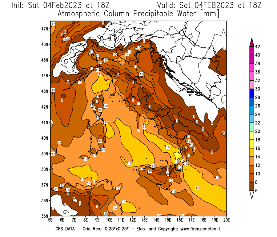 Mappa di analisi GFS - Precipitable Water [mm] in Italia
							del 04/02/2023 18 <!--googleoff: index-->UTC<!--googleon: index-->