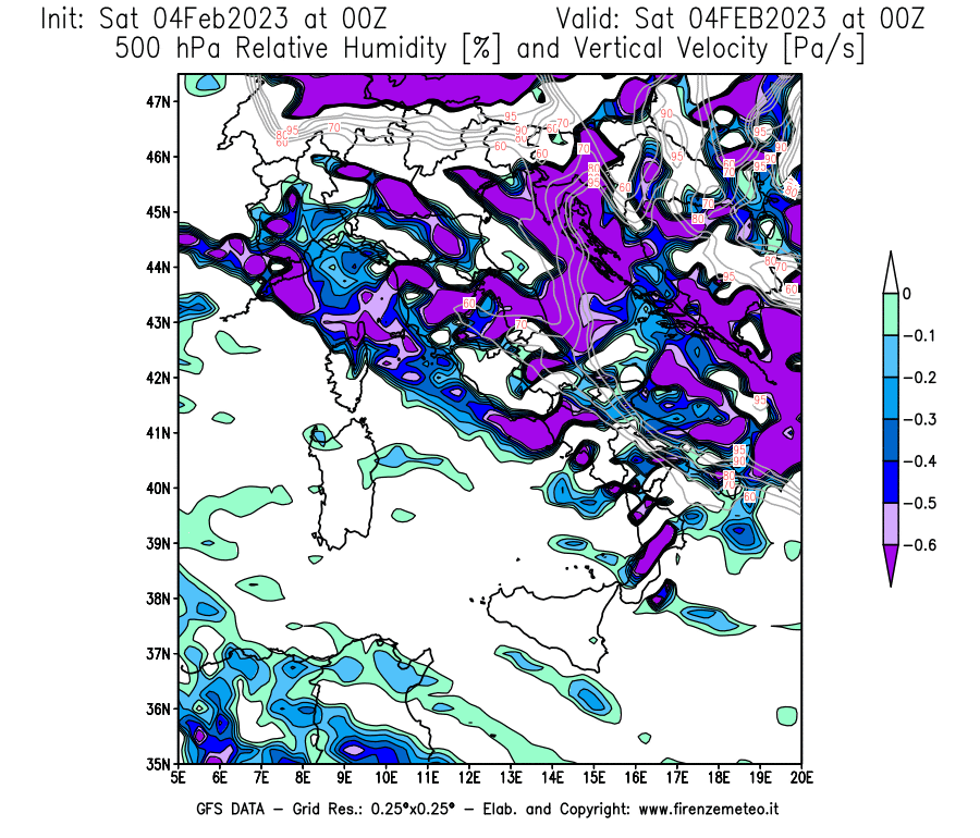 Mappa di analisi GFS - Umidità relativa [%] e Omega [Pa/s] a 500 hPa in Italia
							del 04/02/2023 00 <!--googleoff: index-->UTC<!--googleon: index-->