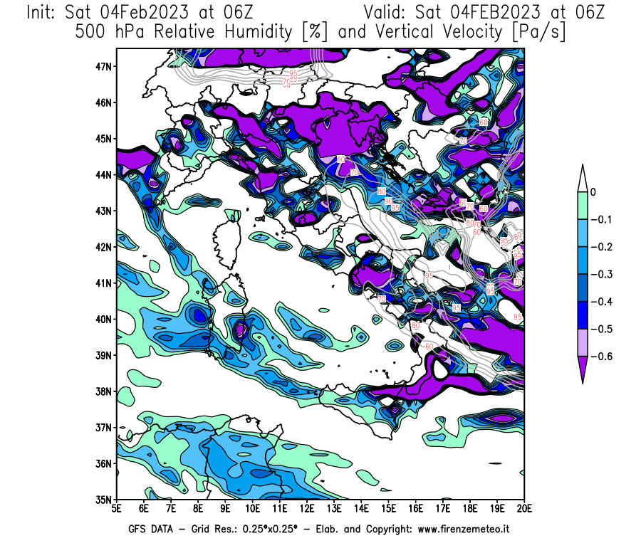 Mappa di analisi GFS - Umidità relativa [%] e Omega [Pa/s] a 500 hPa in Italia
							del 04/02/2023 06 <!--googleoff: index-->UTC<!--googleon: index-->