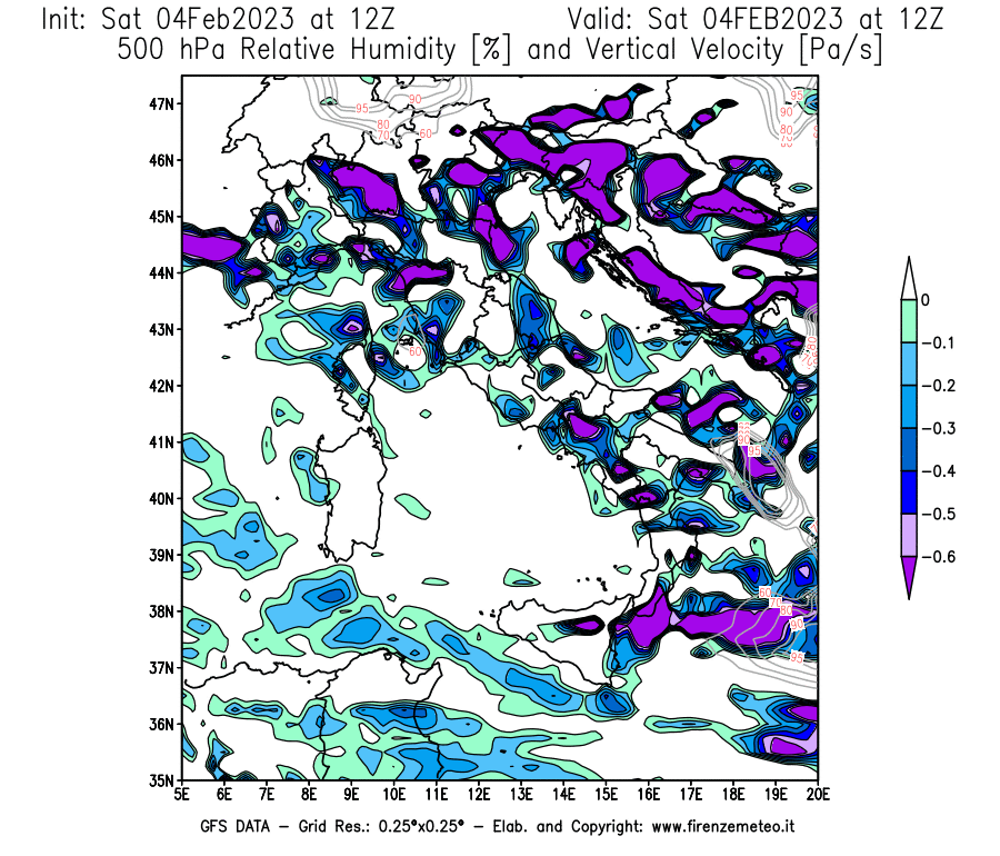 Mappa di analisi GFS - Umidità relativa [%] e Omega [Pa/s] a 500 hPa in Italia
							del 04/02/2023 12 <!--googleoff: index-->UTC<!--googleon: index-->