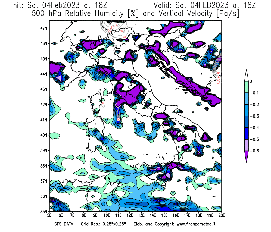 Mappa di analisi GFS - Umidità relativa [%] e Omega [Pa/s] a 500 hPa in Italia
							del 04/02/2023 18 <!--googleoff: index-->UTC<!--googleon: index-->