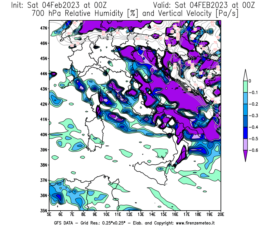 Mappa di analisi GFS - Umidità relativa [%] e Omega [Pa/s] a 700 hPa in Italia
							del 04/02/2023 00 <!--googleoff: index-->UTC<!--googleon: index-->