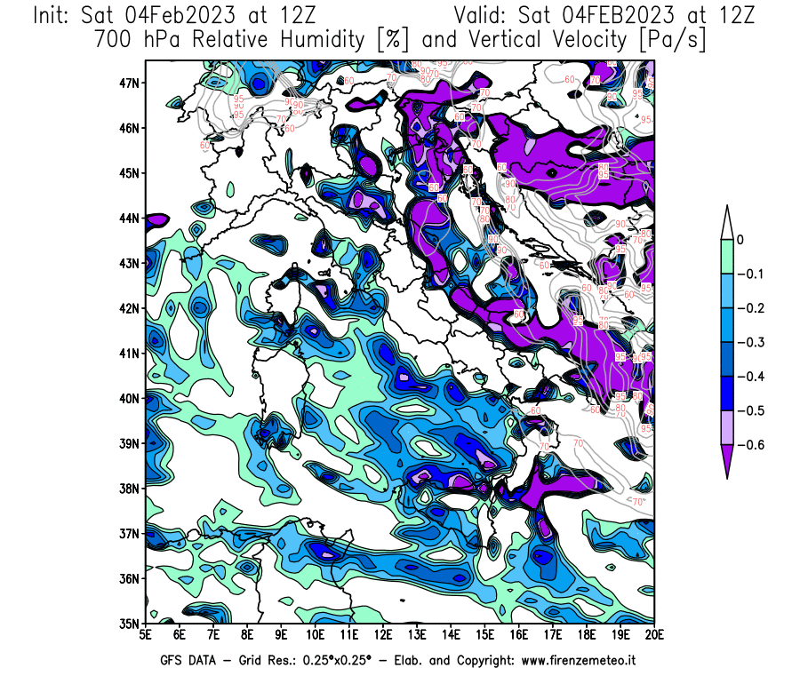 Mappa di analisi GFS - Umidità relativa [%] e Omega [Pa/s] a 700 hPa in Italia
							del 04/02/2023 12 <!--googleoff: index-->UTC<!--googleon: index-->