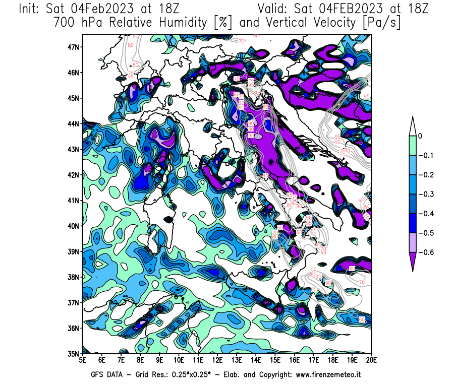 Mappa di analisi GFS - Umidità relativa [%] e Omega [Pa/s] a 700 hPa in Italia
							del 04/02/2023 18 <!--googleoff: index-->UTC<!--googleon: index-->