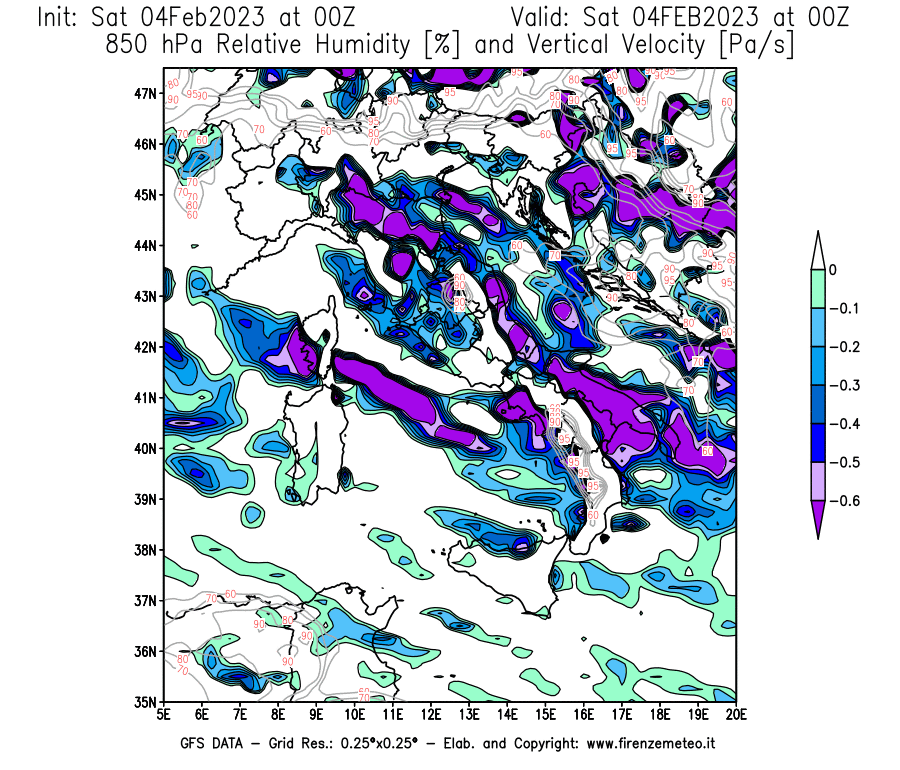 Mappa di analisi GFS - Umidità relativa [%] e Omega [Pa/s] a 850 hPa in Italia
							del 04/02/2023 00 <!--googleoff: index-->UTC<!--googleon: index-->