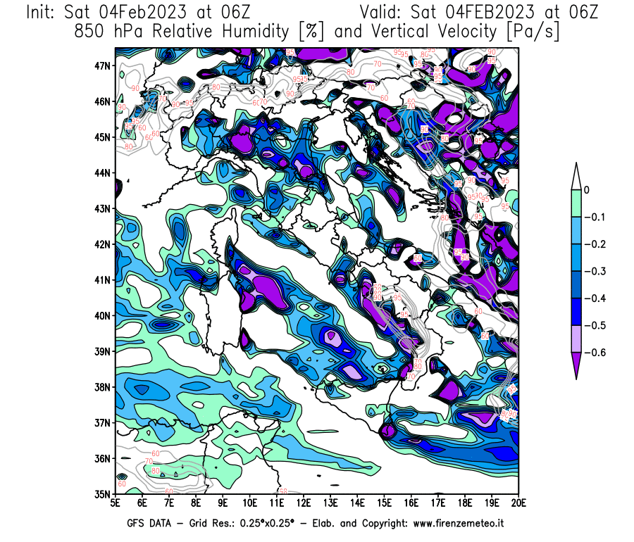 Mappa di analisi GFS - Umidità relativa [%] e Omega [Pa/s] a 850 hPa in Italia
							del 04/02/2023 06 <!--googleoff: index-->UTC<!--googleon: index-->