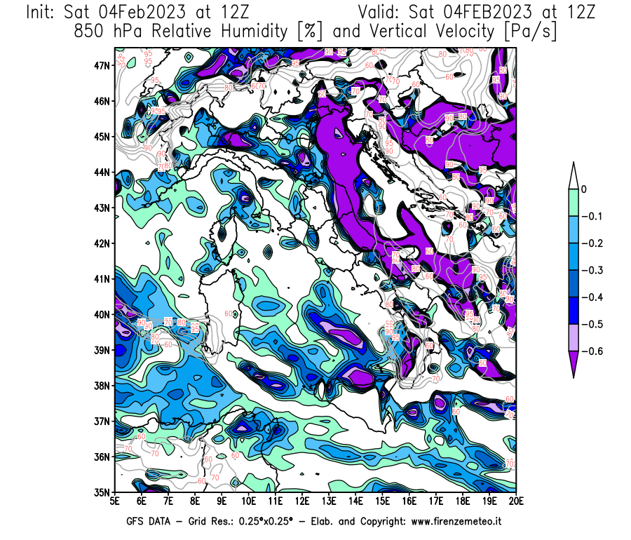 Mappa di analisi GFS - Umidità relativa [%] e Omega [Pa/s] a 850 hPa in Italia
							del 04/02/2023 12 <!--googleoff: index-->UTC<!--googleon: index-->