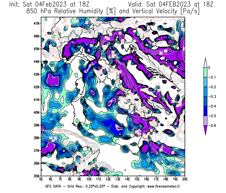 Mappa di analisi GFS - Umidità relativa [%] e Omega [Pa/s] a 850 hPa in Italia
							del 04/02/2023 18 <!--googleoff: index-->UTC<!--googleon: index-->