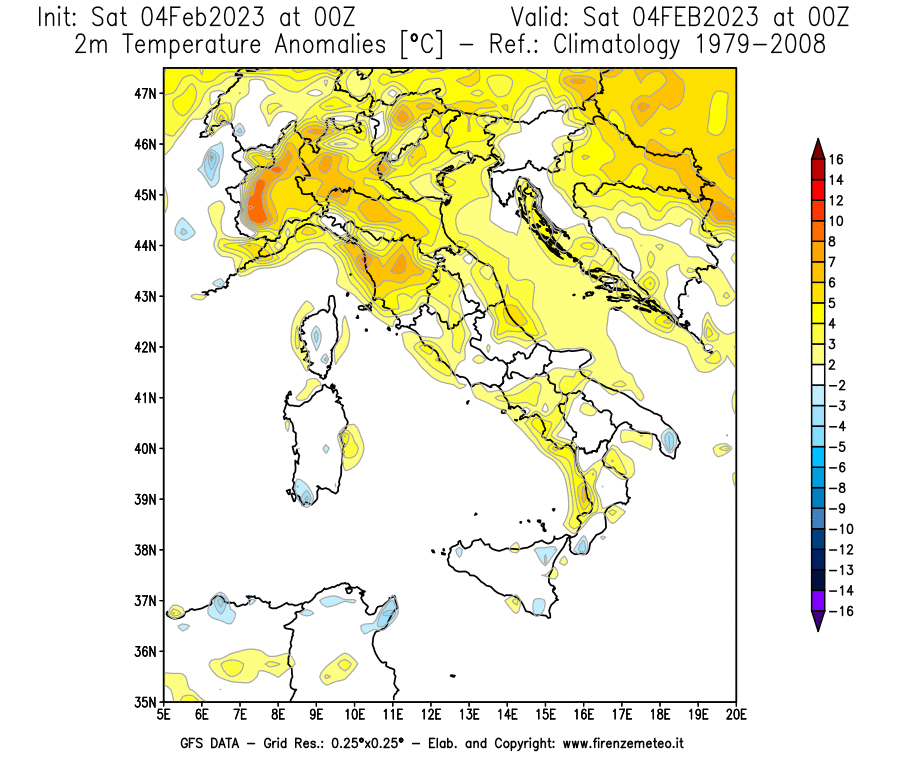 Mappa di analisi GFS - Anomalia Temperatura [°C] a 2 m in Italia
							del 04/02/2023 00 <!--googleoff: index-->UTC<!--googleon: index-->