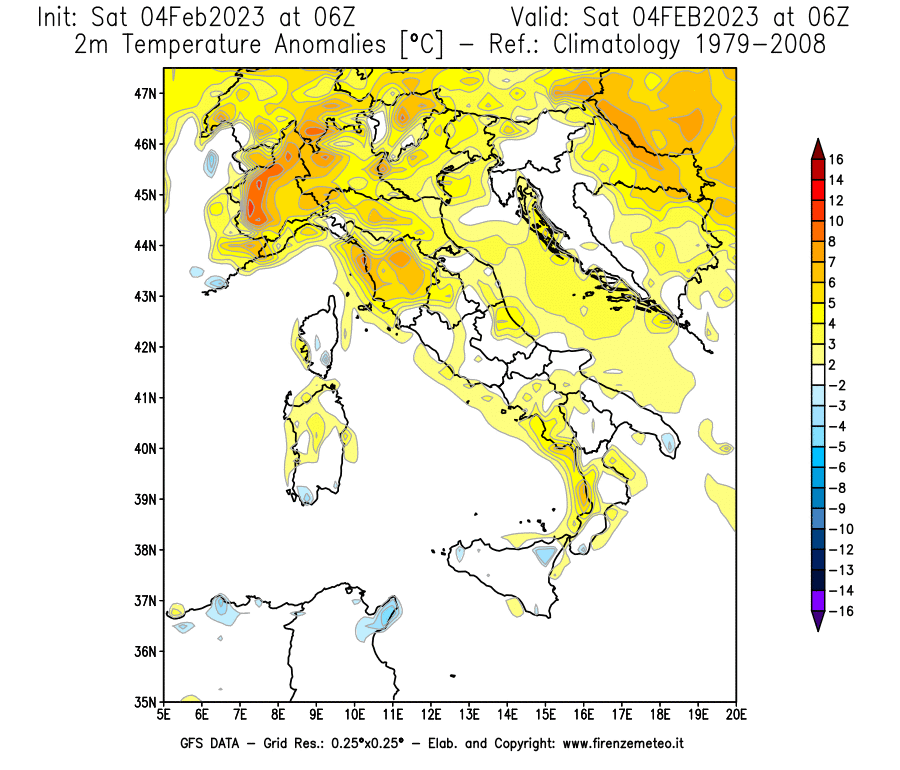 Mappa di analisi GFS - Anomalia Temperatura [°C] a 2 m in Italia
							del 04/02/2023 06 <!--googleoff: index-->UTC<!--googleon: index-->