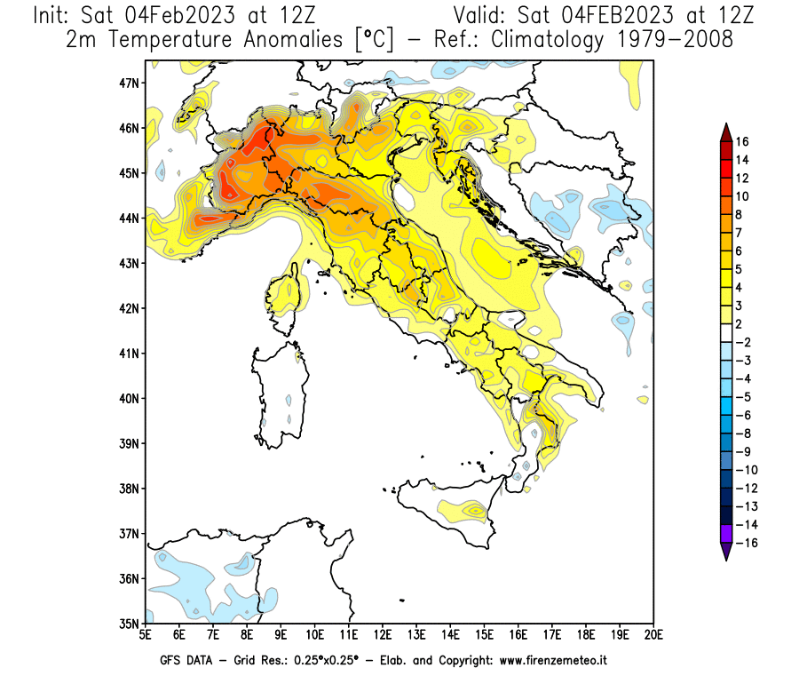 Mappa di analisi GFS - Anomalia Temperatura [°C] a 2 m in Italia
							del 04/02/2023 12 <!--googleoff: index-->UTC<!--googleon: index-->