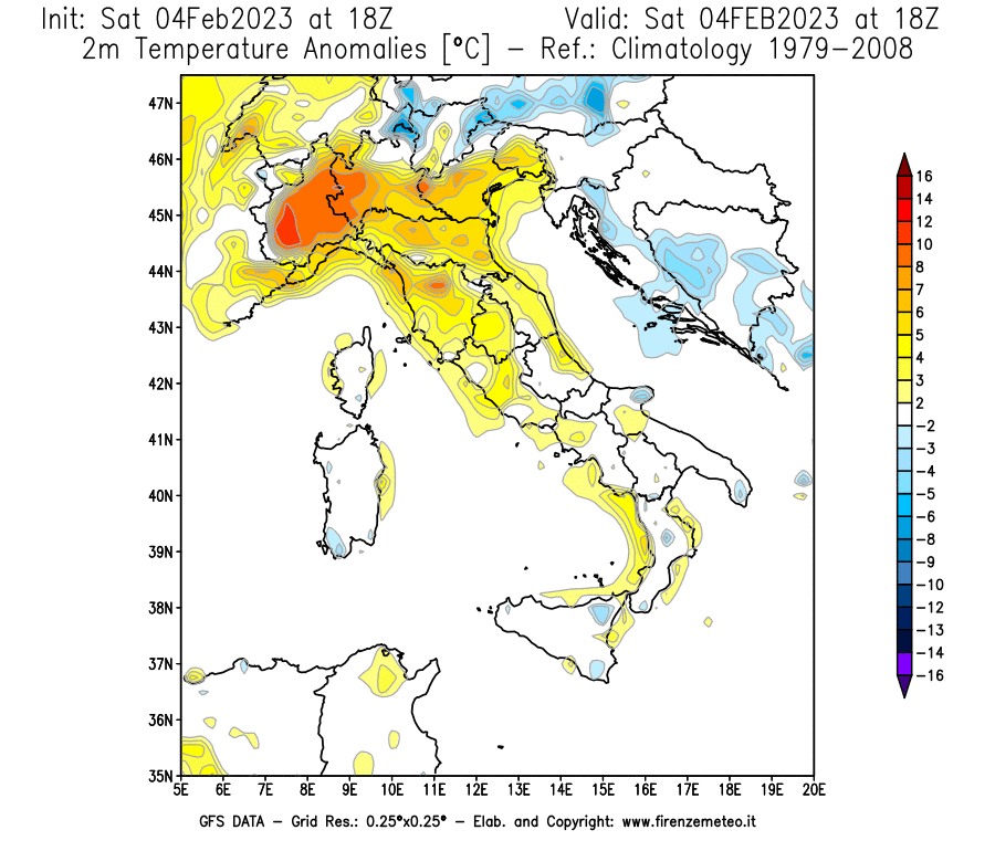 Mappa di analisi GFS - Anomalia Temperatura [°C] a 2 m in Italia
							del 04/02/2023 18 <!--googleoff: index-->UTC<!--googleon: index-->