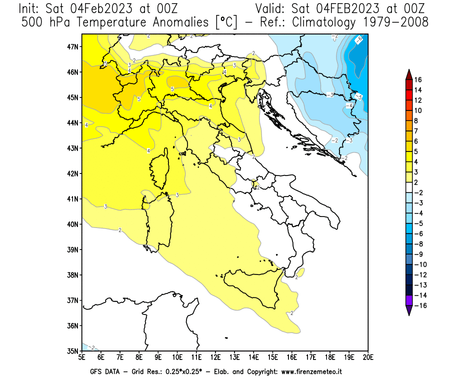 Mappa di analisi GFS - Anomalia Temperatura [°C] a 500 hPa in Italia
							del 04/02/2023 00 <!--googleoff: index-->UTC<!--googleon: index-->