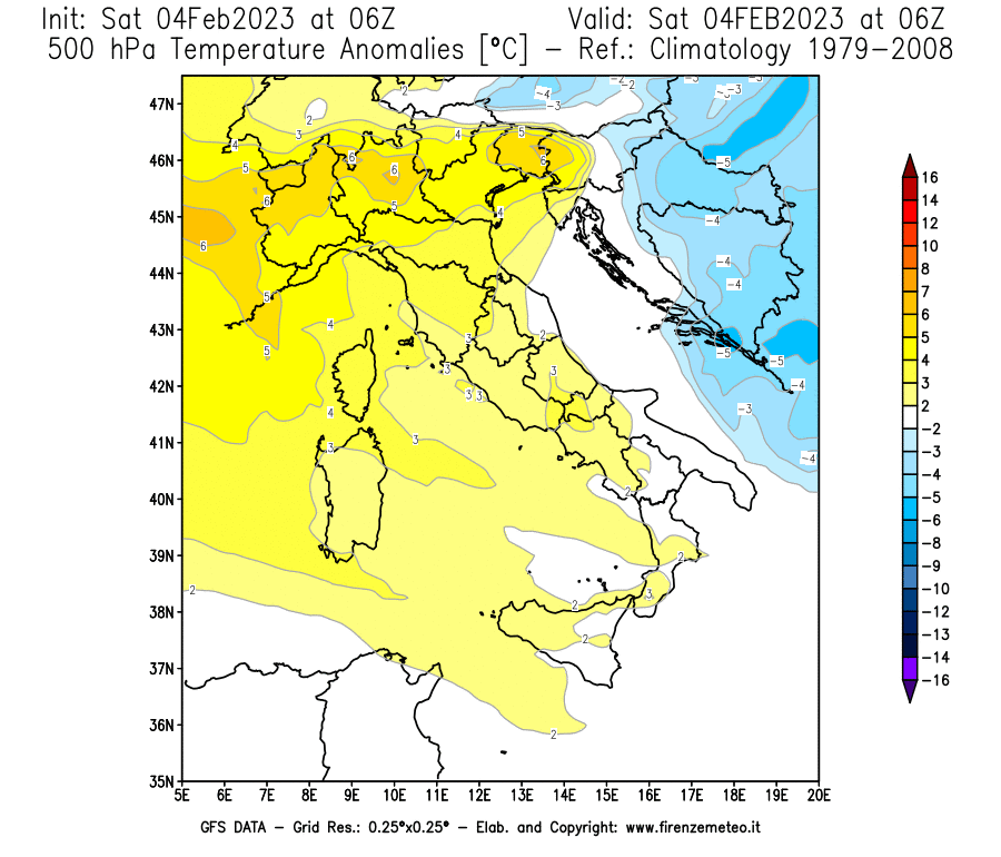 Mappa di analisi GFS - Anomalia Temperatura [°C] a 500 hPa in Italia
							del 04/02/2023 06 <!--googleoff: index-->UTC<!--googleon: index-->