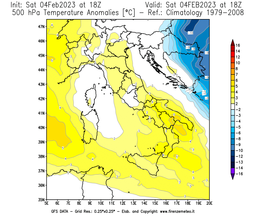 Mappa di analisi GFS - Anomalia Temperatura [°C] a 500 hPa in Italia
							del 04/02/2023 18 <!--googleoff: index-->UTC<!--googleon: index-->