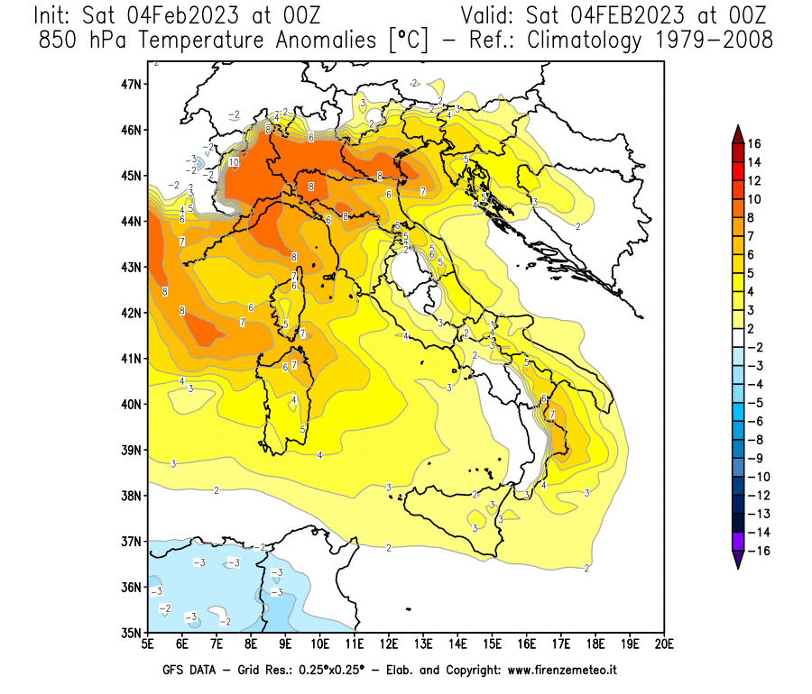 Mappa di analisi GFS - Anomalia Temperatura [°C] a 850 hPa in Italia
							del 04/02/2023 00 <!--googleoff: index-->UTC<!--googleon: index-->