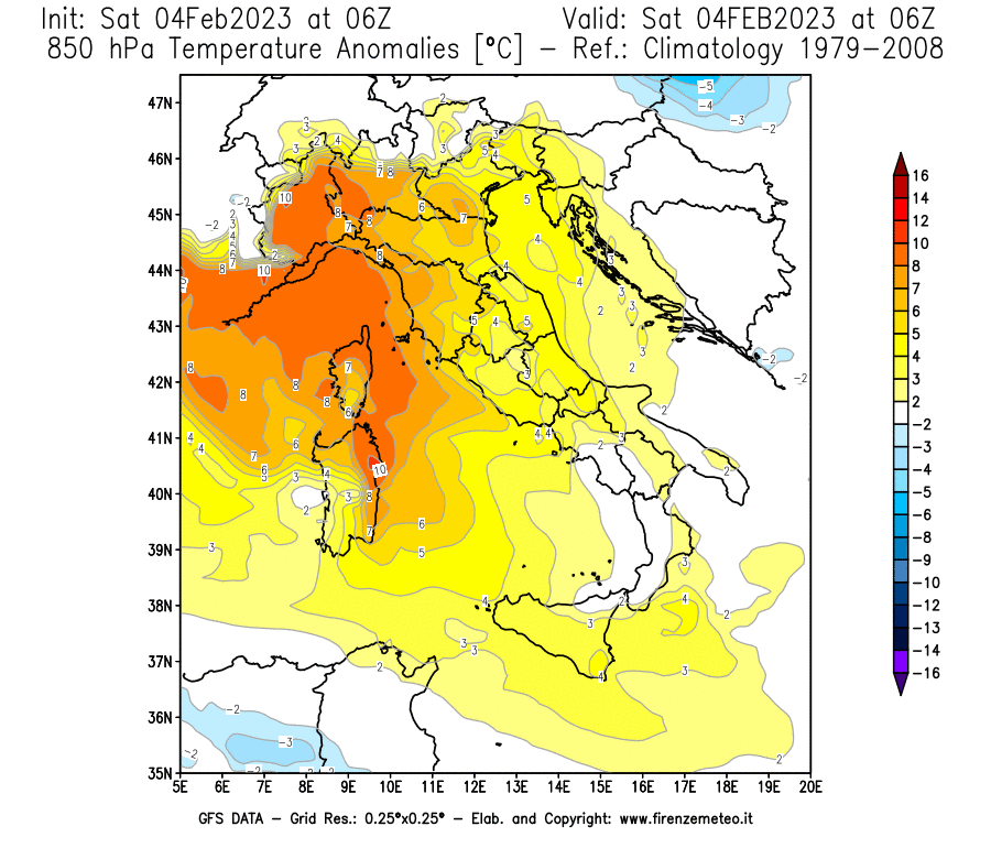Mappa di analisi GFS - Anomalia Temperatura [°C] a 850 hPa in Italia
							del 04/02/2023 06 <!--googleoff: index-->UTC<!--googleon: index-->