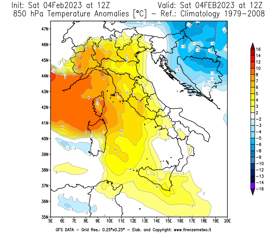 Mappa di analisi GFS - Anomalia Temperatura [°C] a 850 hPa in Italia
							del 04/02/2023 12 <!--googleoff: index-->UTC<!--googleon: index-->