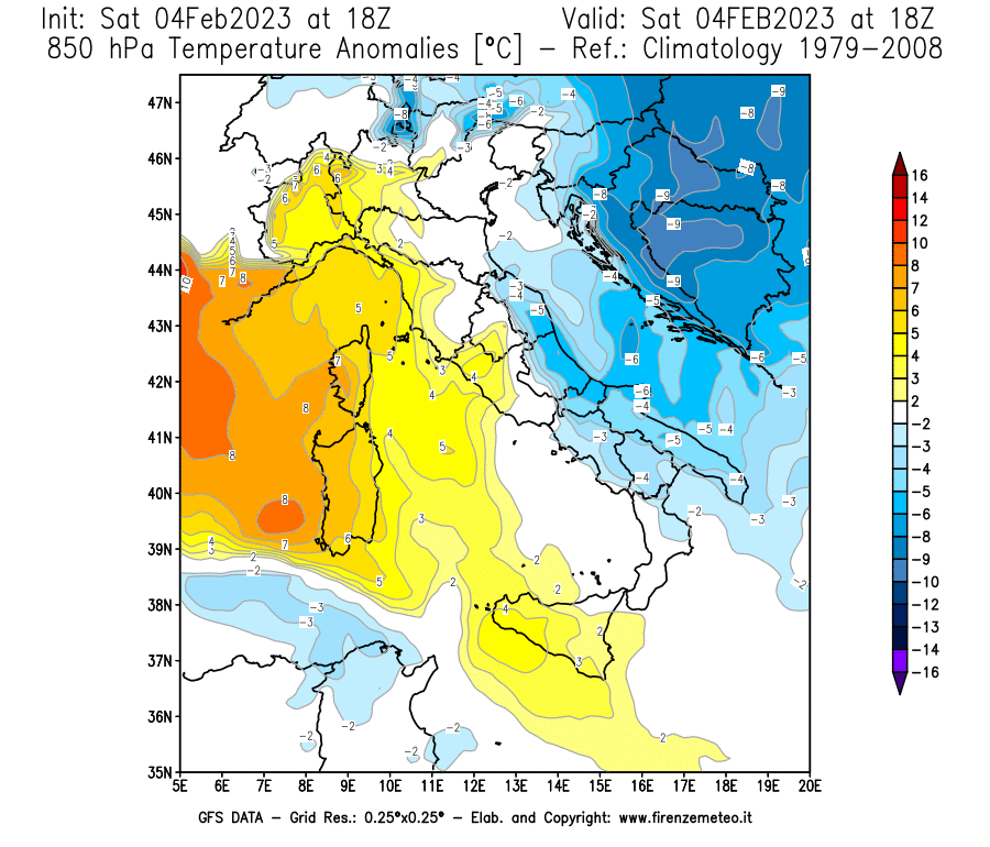 Mappa di analisi GFS - Anomalia Temperatura [°C] a 850 hPa in Italia
							del 04/02/2023 18 <!--googleoff: index-->UTC<!--googleon: index-->