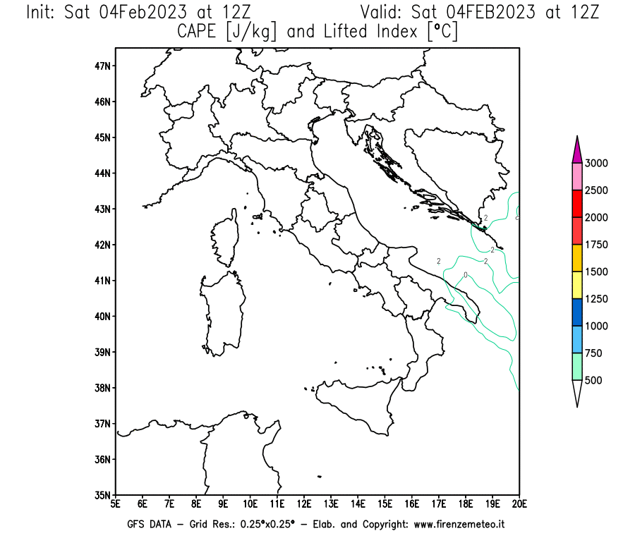 Mappa di analisi GFS - CAPE [J/kg] e Lifted Index [°C] in Italia
							del 04/02/2023 12 <!--googleoff: index-->UTC<!--googleon: index-->