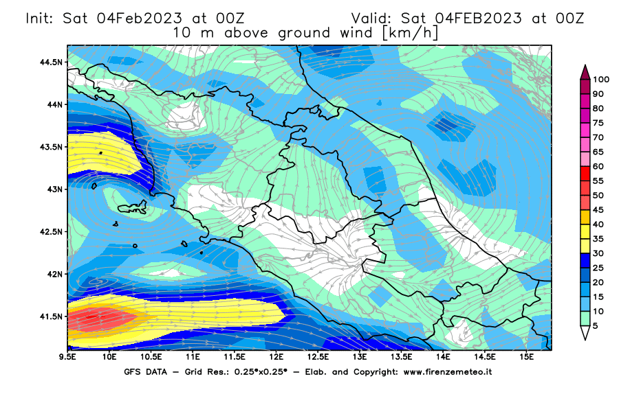 Mappa di analisi GFS - Velocità del vento a 10 metri dal suolo [km/h] in Centro-Italia
							del 04/02/2023 00 <!--googleoff: index-->UTC<!--googleon: index-->