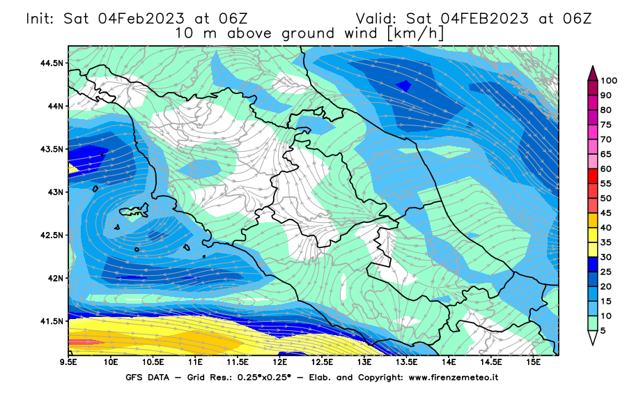 Mappa di analisi GFS - Velocità del vento a 10 metri dal suolo [km/h] in Centro-Italia
							del 04/02/2023 06 <!--googleoff: index-->UTC<!--googleon: index-->