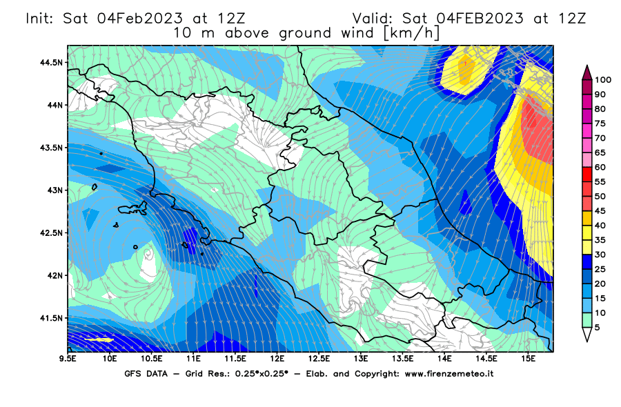 Mappa di analisi GFS - Velocità del vento a 10 metri dal suolo [km/h] in Centro-Italia
							del 04/02/2023 12 <!--googleoff: index-->UTC<!--googleon: index-->