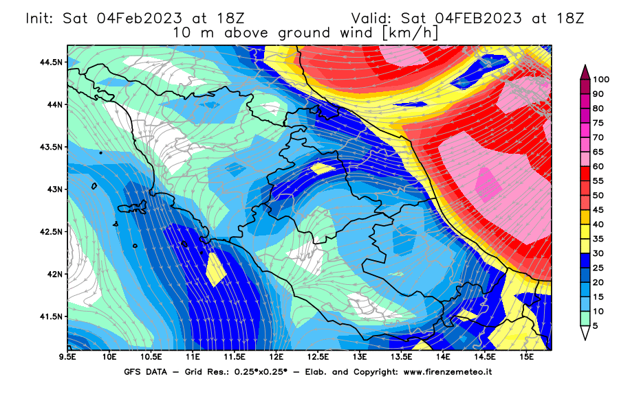 Mappa di analisi GFS - Velocità del vento a 10 metri dal suolo [km/h] in Centro-Italia
							del 04/02/2023 18 <!--googleoff: index-->UTC<!--googleon: index-->