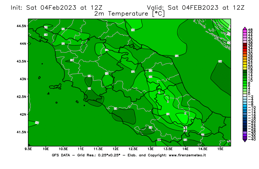 Mappa di analisi GFS - Temperatura a 2 metri dal suolo [°C] in Centro-Italia
							del 04/02/2023 12 <!--googleoff: index-->UTC<!--googleon: index-->