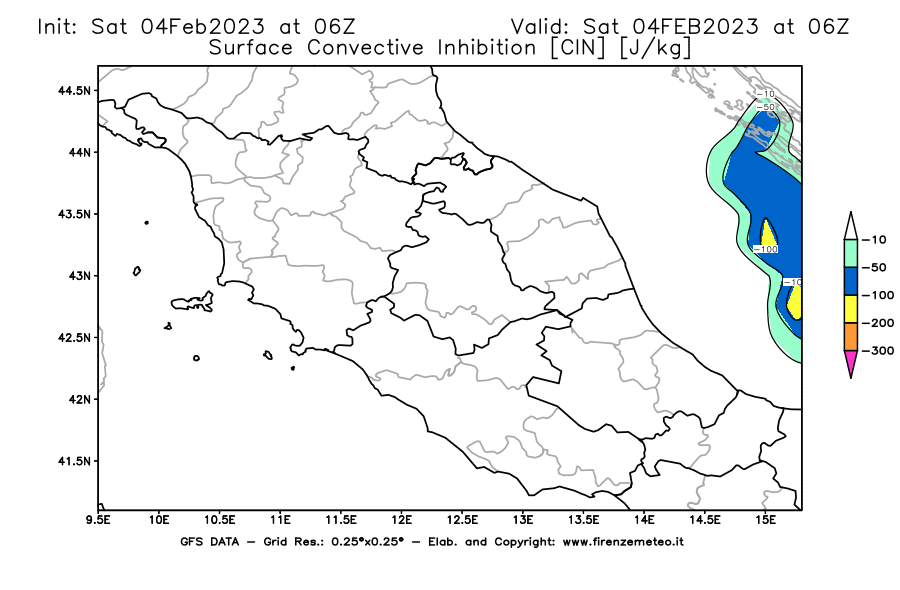 Mappa di analisi GFS - CIN [J/kg] in Centro-Italia
							del 04/02/2023 06 <!--googleoff: index-->UTC<!--googleon: index-->