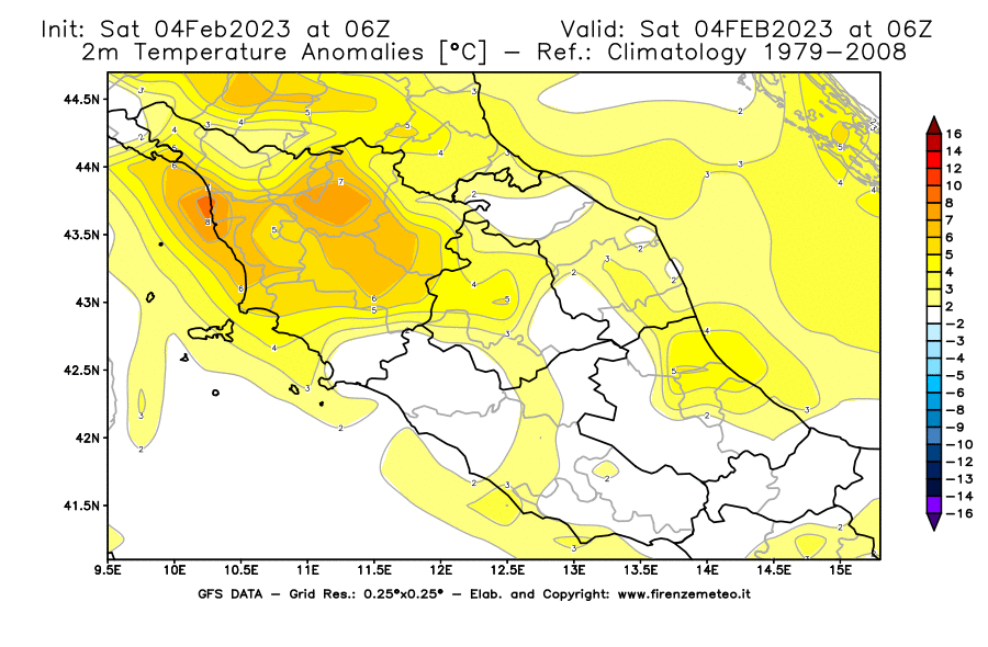 Mappa di analisi GFS - Anomalia Temperatura [°C] a 2 m in Centro-Italia
							del 04/02/2023 06 <!--googleoff: index-->UTC<!--googleon: index-->