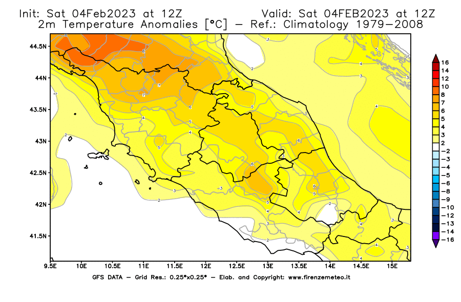Mappa di analisi GFS - Anomalia Temperatura [°C] a 2 m in Centro-Italia
							del 04/02/2023 12 <!--googleoff: index-->UTC<!--googleon: index-->