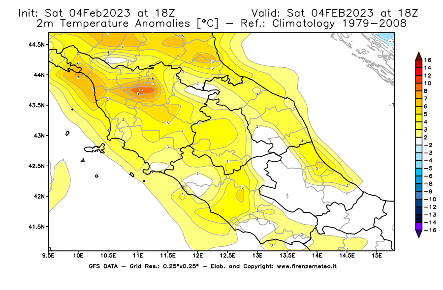 Mappa di analisi GFS - Anomalia Temperatura [°C] a 2 m in Centro-Italia
							del 04/02/2023 18 <!--googleoff: index-->UTC<!--googleon: index-->