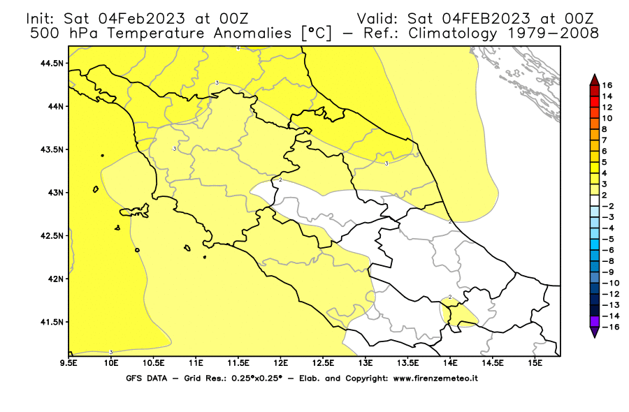 Mappa di analisi GFS - Anomalia Temperatura [°C] a 500 hPa in Centro-Italia
							del 04/02/2023 00 <!--googleoff: index-->UTC<!--googleon: index-->