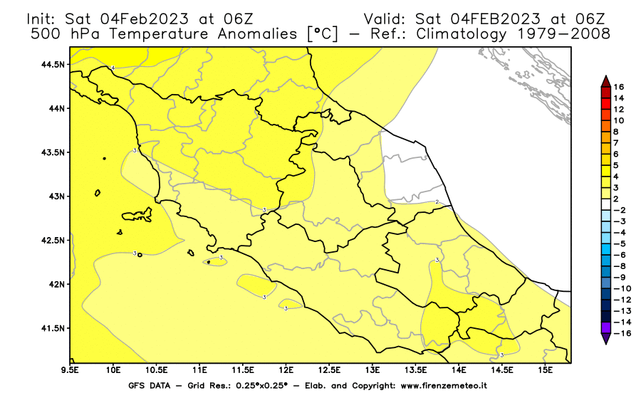 Mappa di analisi GFS - Anomalia Temperatura [°C] a 500 hPa in Centro-Italia
							del 04/02/2023 06 <!--googleoff: index-->UTC<!--googleon: index-->