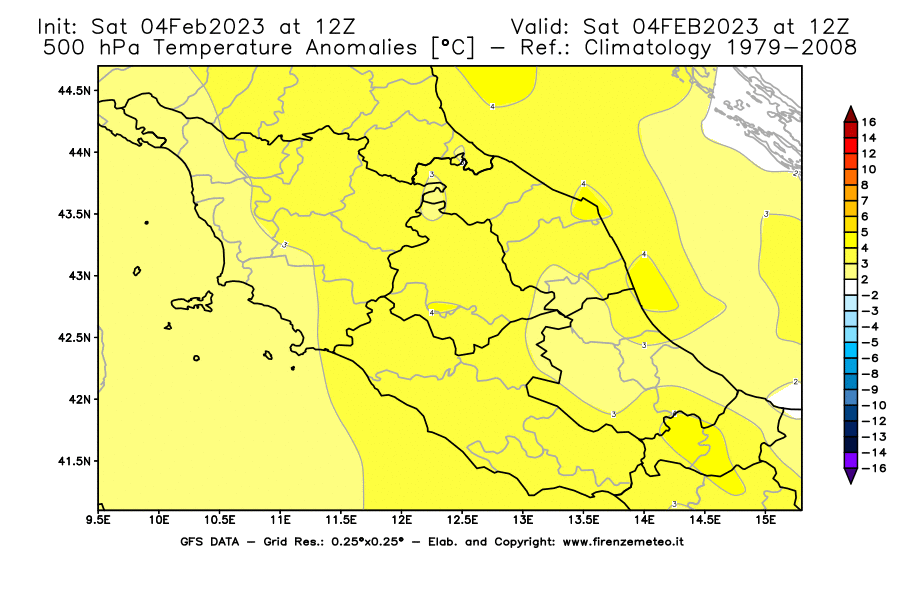 Mappa di analisi GFS - Anomalia Temperatura [°C] a 500 hPa in Centro-Italia
							del 04/02/2023 12 <!--googleoff: index-->UTC<!--googleon: index-->