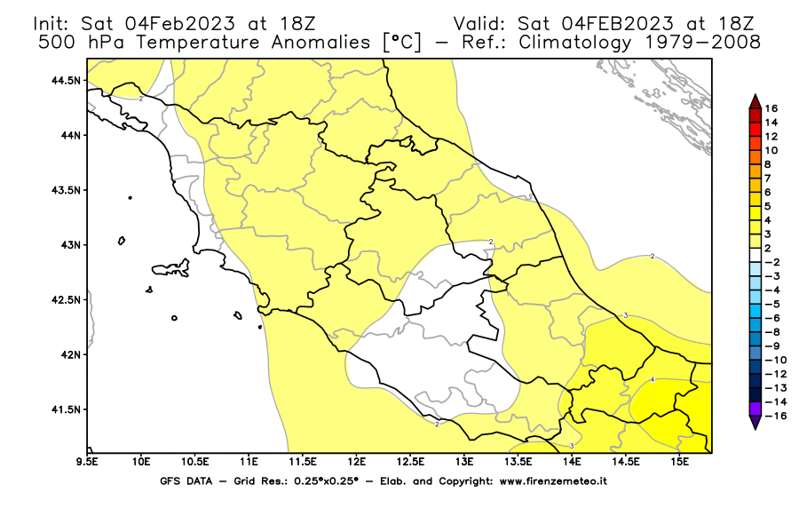 Mappa di analisi GFS - Anomalia Temperatura [°C] a 500 hPa in Centro-Italia
							del 04/02/2023 18 <!--googleoff: index-->UTC<!--googleon: index-->