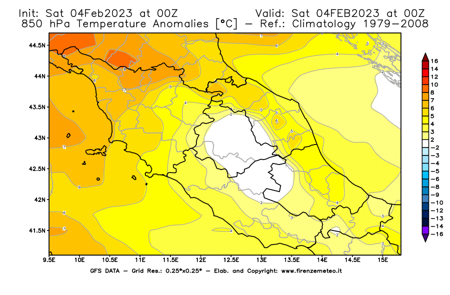 Mappa di analisi GFS - Anomalia Temperatura [°C] a 850 hPa in Centro-Italia
							del 04/02/2023 00 <!--googleoff: index-->UTC<!--googleon: index-->