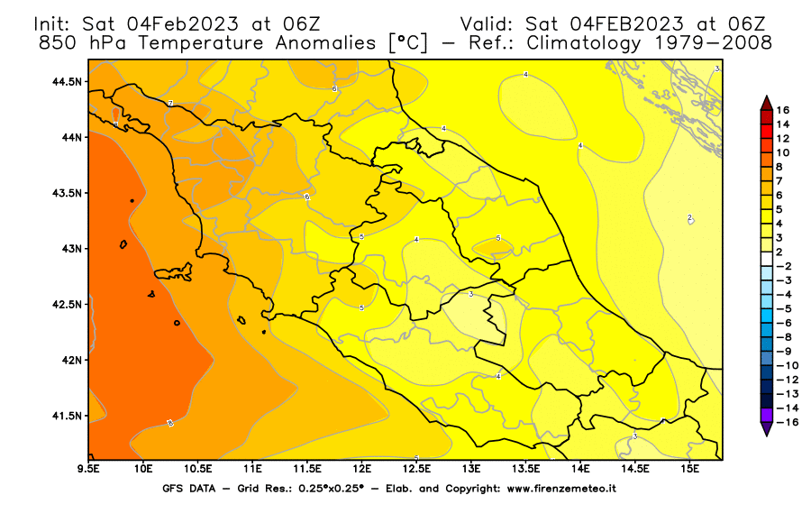 Mappa di analisi GFS - Anomalia Temperatura [°C] a 850 hPa in Centro-Italia
							del 04/02/2023 06 <!--googleoff: index-->UTC<!--googleon: index-->