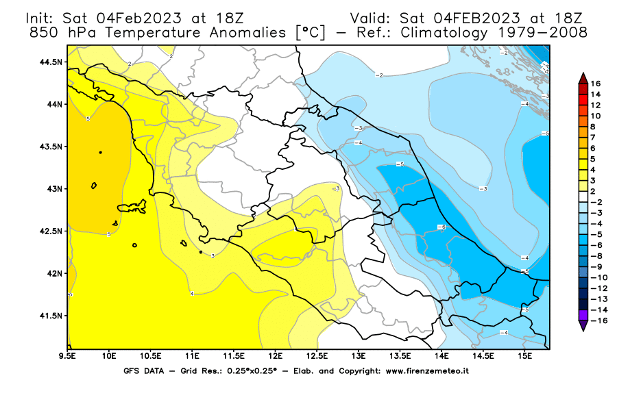 Mappa di analisi GFS - Anomalia Temperatura [°C] a 850 hPa in Centro-Italia
							del 04/02/2023 18 <!--googleoff: index-->UTC<!--googleon: index-->