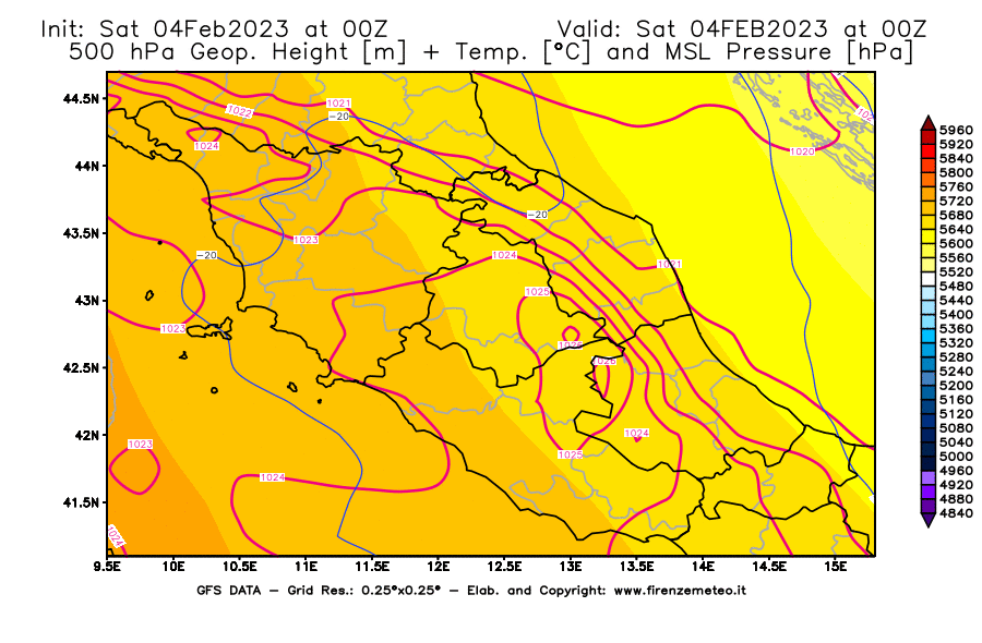 Mappa di analisi GFS - Geopotenziale [m] + Temp. [°C] a 500 hPa + Press. a livello del mare [hPa] in Centro-Italia
							del 04/02/2023 00 <!--googleoff: index-->UTC<!--googleon: index-->